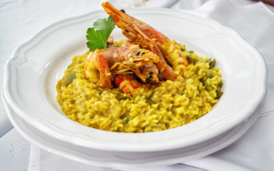 Risotto a la parmesana con camarones